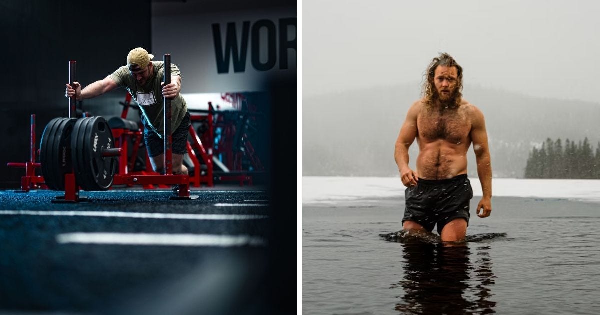 Man pushing a sled/prowler vs ice bath Man pushing a sled/prowler vs ice bath