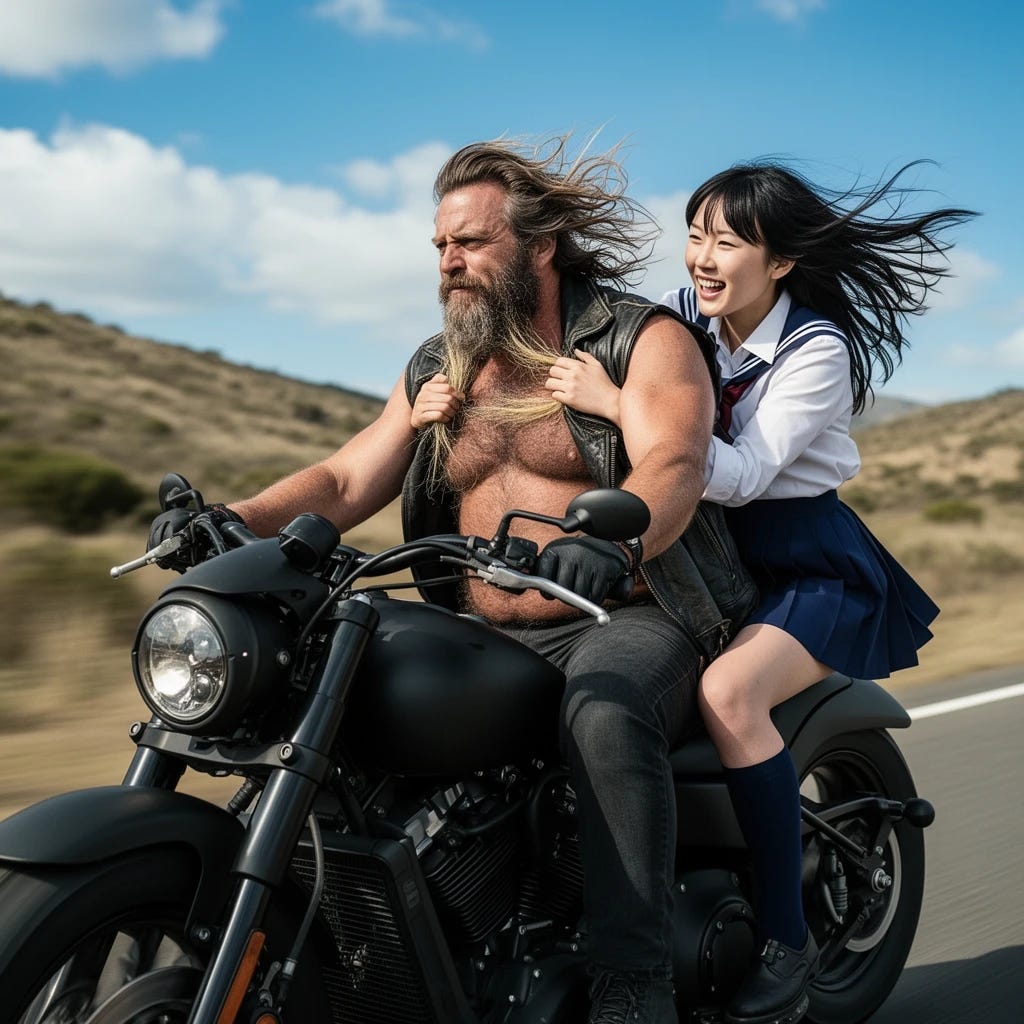 Rough biker with thick chest hair named Mitch riding his motorcycle with Japanese woman dressed in school girl attire grabbing on to his chest hair by the handful