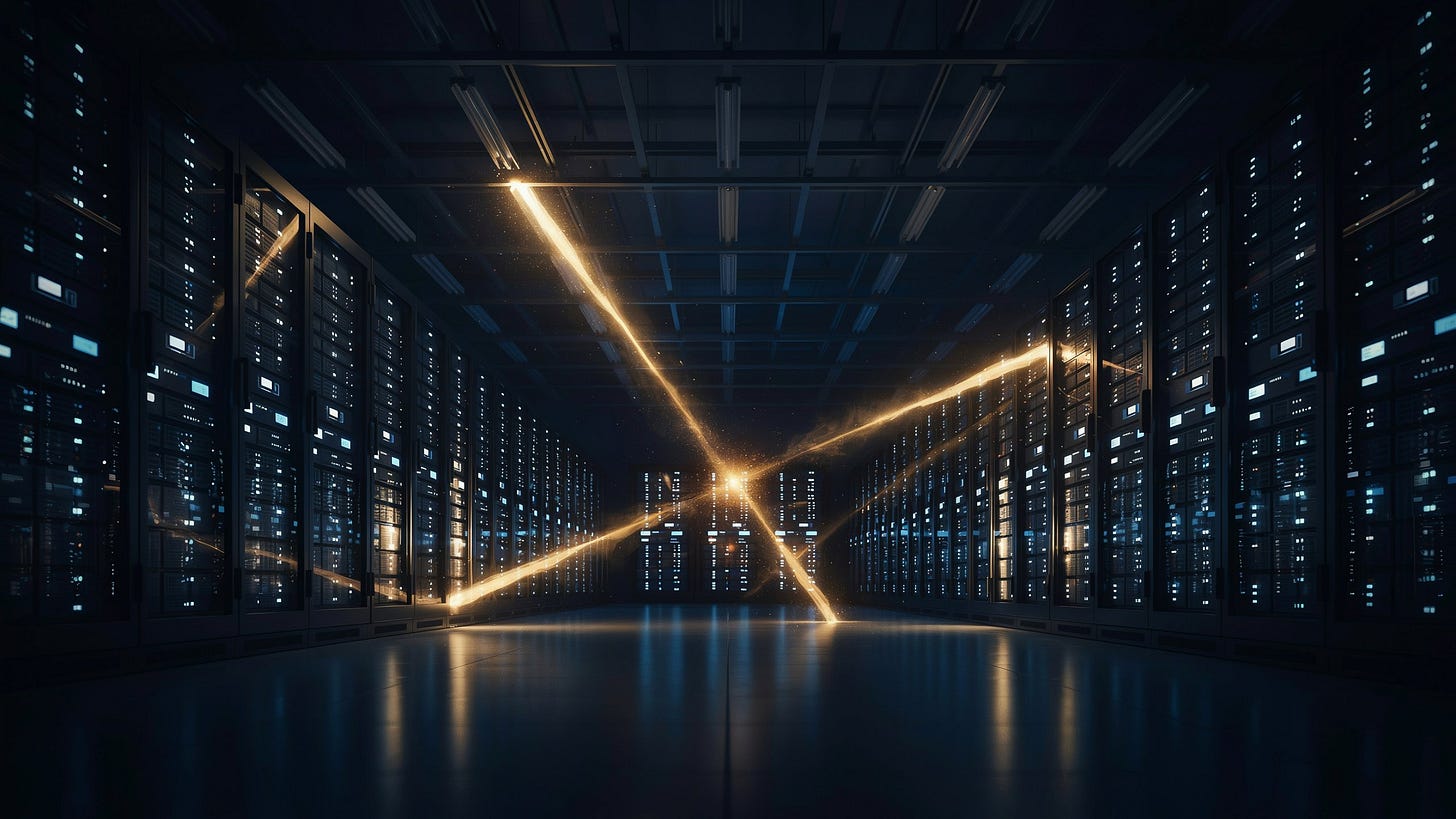 A wide-format abstract conceptual illustration of a vast, darkened data center / server infrastructure viewed from a low angle — rows of illuminated server racks receding into the distance, each glowing with cool blue-white light.