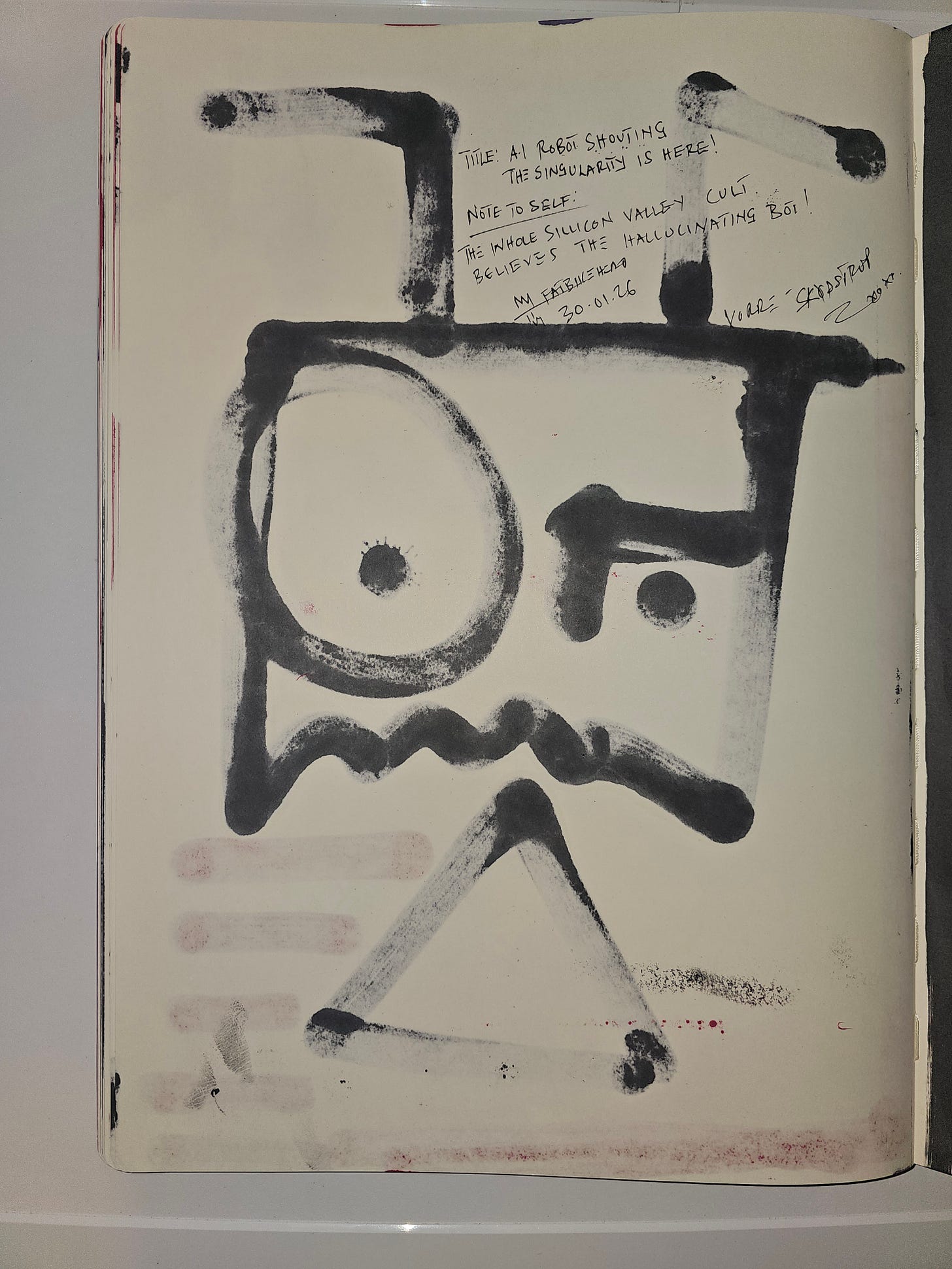 Verso of FatbikeHero Artwork:A raw, hand-drawn ink illustration of a square-headed robot shouting. The robot has one large eye and a jagged mouth. Handwritten text reads: "The whole Silicon Valley cult believes the hallucinating bot!" The style is neo-expressionist with visible ink bleed and pink accents.