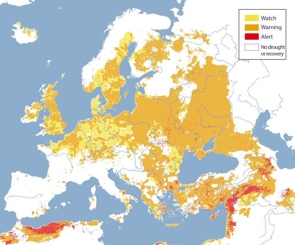 Map of Europe showing the colours of the Combined Drought Indicator for the watch (yellow), warning (orange) and alert (red) drought conditions. Map of Europe showing the colours of the Combined Drought Indicator for the watch (yellow), warning (orange) and alert (red) drought conditions.