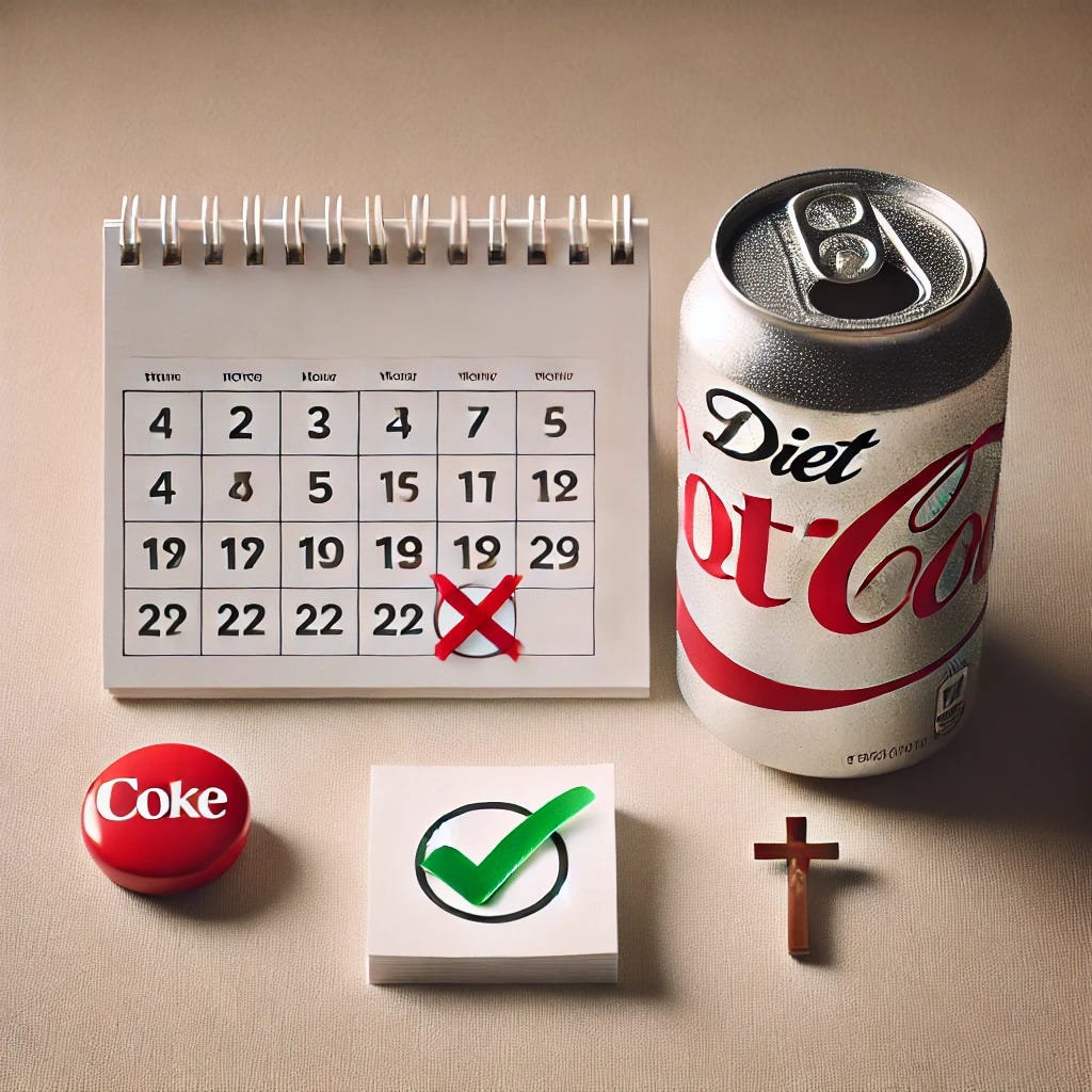A Catholic calendar with a red X marked near it, a small square piece of paper with a green check mark near it, and a Diet Coke can with a red X marked near it. The background is neutral and minimalistic.