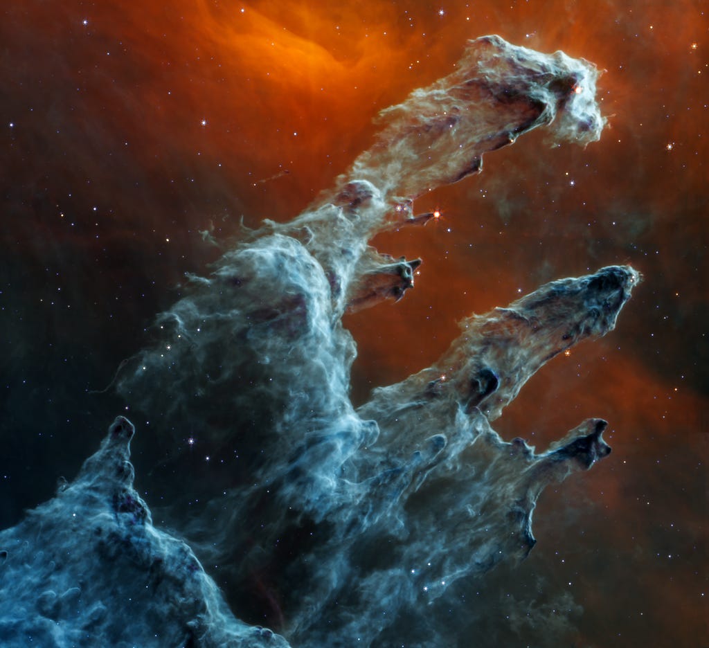 JWST's mid-infrared view of the Pillars of Creation, 2022 JWST's mid-infrared view of the Pillars of Creation, 2022