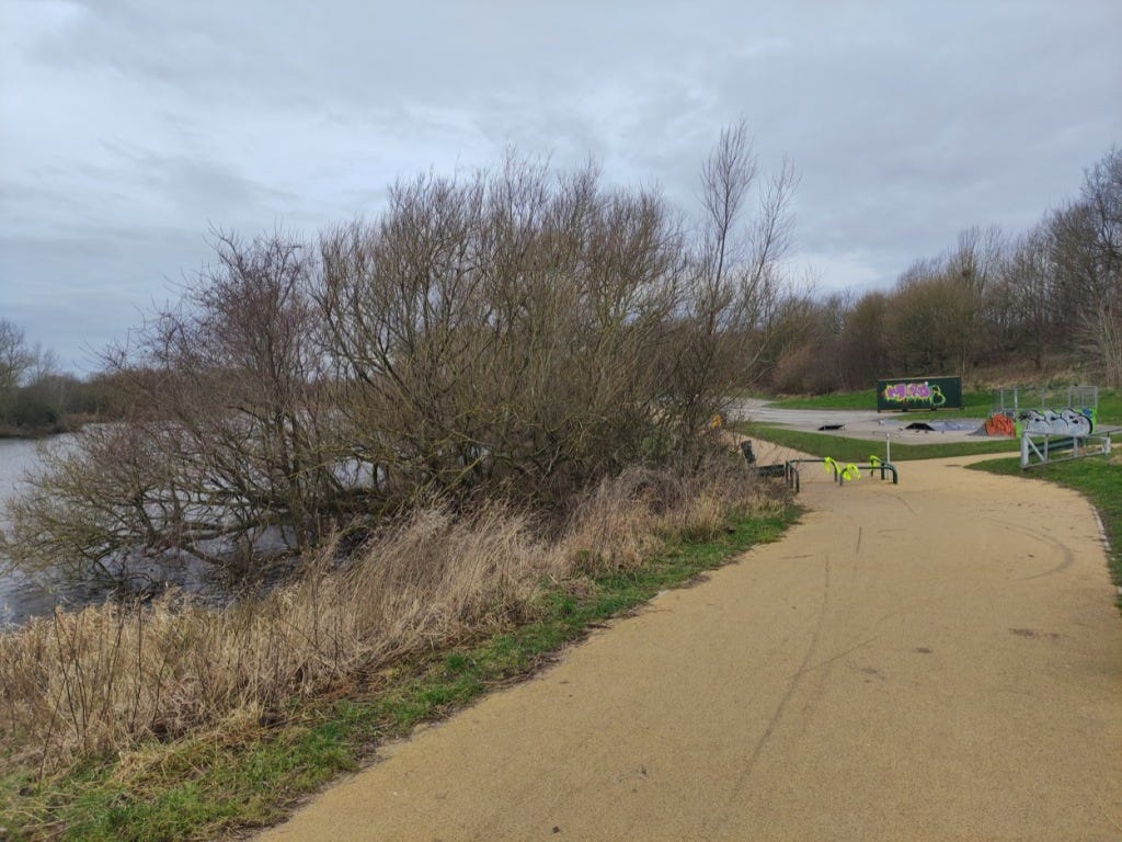 A wide path next to the lake. Hi viz vests are wrapped round some low bars to make sure we don't run into them