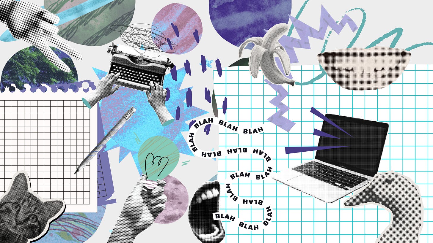 A chaotic scrapbook collage with absurd and funny images like a goose and a surprised cat. And a banana. There's no rhyme or reason behind any of these choices, I just thought the combo was funny. 