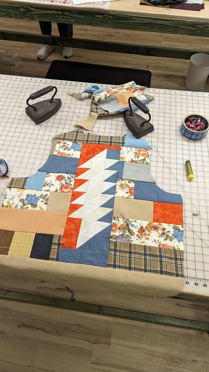 L: an in progress patchwork vest with a secret 'Steelie' for a grateful dead fan, R: a person knitting with a mermaid knitting tattoo