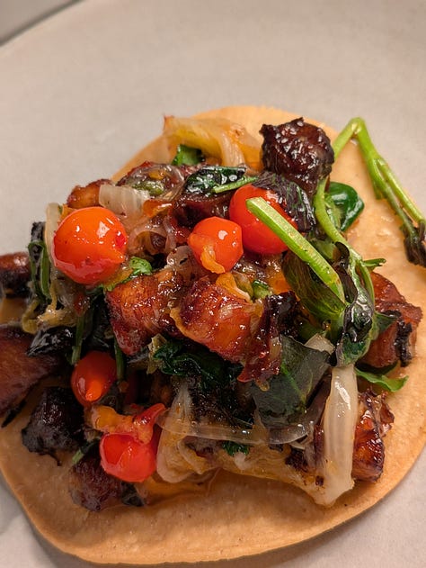 Pork belly tostada and ‘golden hour’ cocktails. Lovely morning light and possibly the best chickien and waffles in the city.