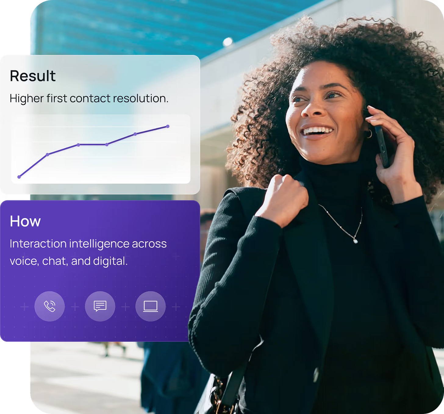 Smiling woman with curly hair talking on phone outdoors next to infographic showing higher first contact resolution and interaction intelligence across voice, chat, and digital.