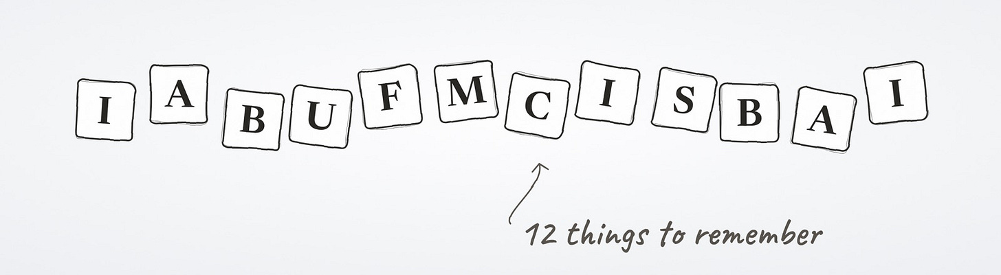 Twelve loose letter tiles: 12 things to remember