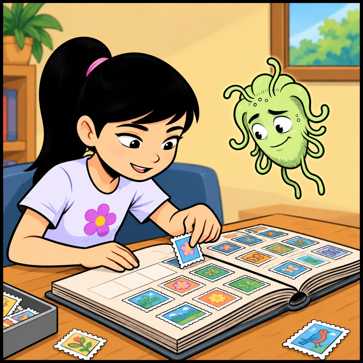 Zara peacefully organizes stamps in her collection while Omie watches curiously.