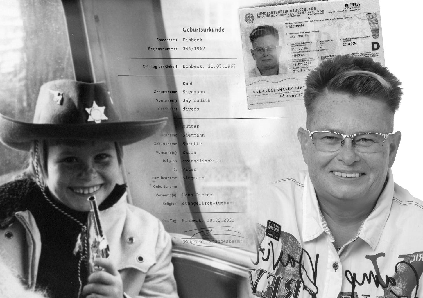 Black-and-white collage showing two portraits of Jay: on the left, a child of about five wearing a cowboy hat and holding a toy pistol; in the center, a German birth certificate listing “Jay Judith” and “divers” as gender; on the right, an adult Jay smiling in a patterned shirt, with a German passport displaying the “X” gender marker.