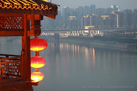 Alternating images of quiet, calm moments and busy, frenetic cities, and of old and new construction, in Chongqing, China.