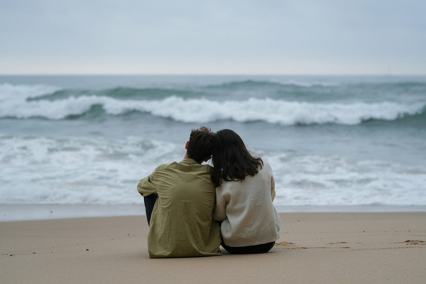 a couple looking out at the sea from the beach