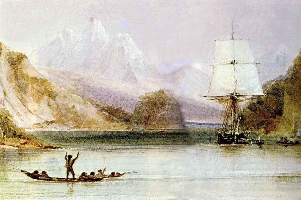 A sailing ship is anchored in a calm bay, surrounded by mountains, while a canoe with people approaches in the foreground.