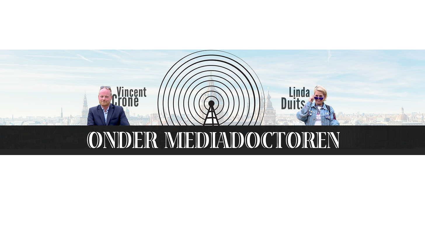 banner van onder mediadoctoren. Je ziet rechts vincent, een witte man met een bril op zijn hoofd en rechts linda, een blonde vrouw met een spijkerjasje aan