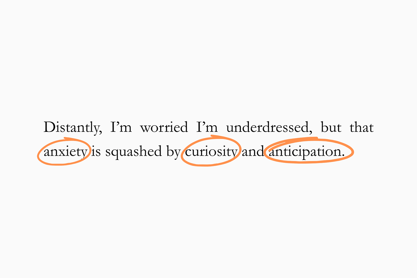Text from "My Roommate from Hell" stating, "Distantly, I’m worried I’m underdressed, but that anxiety is squashed by curiosity and anticipation." The three nouns—anxiety, curiosity, and anticipation—are circled in orange for emphasis.