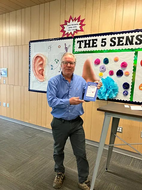Photos of libraries, author holding a book, mini-book library