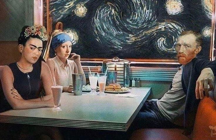 This may contain: three people sitting at a table in front of a painting with the starry night