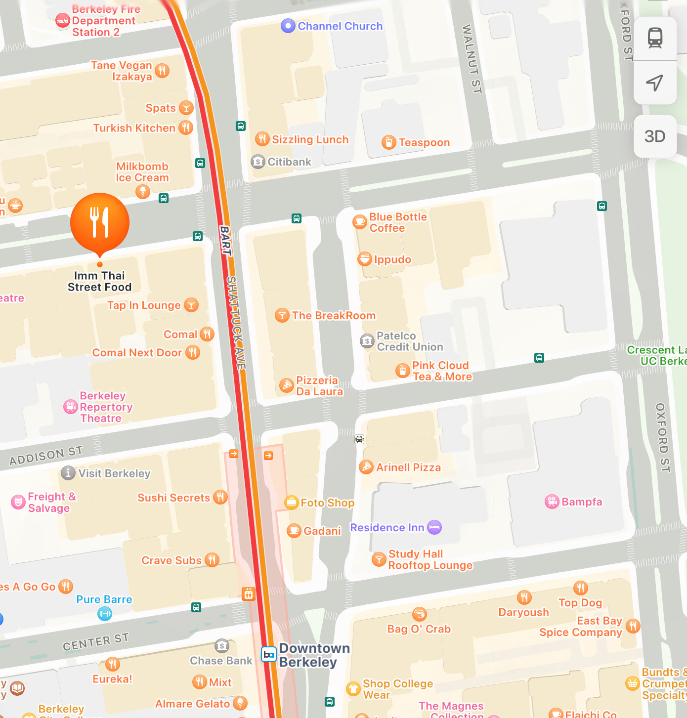 a photo of imm thai on apple maps, which shows the various public transportation and bart options.