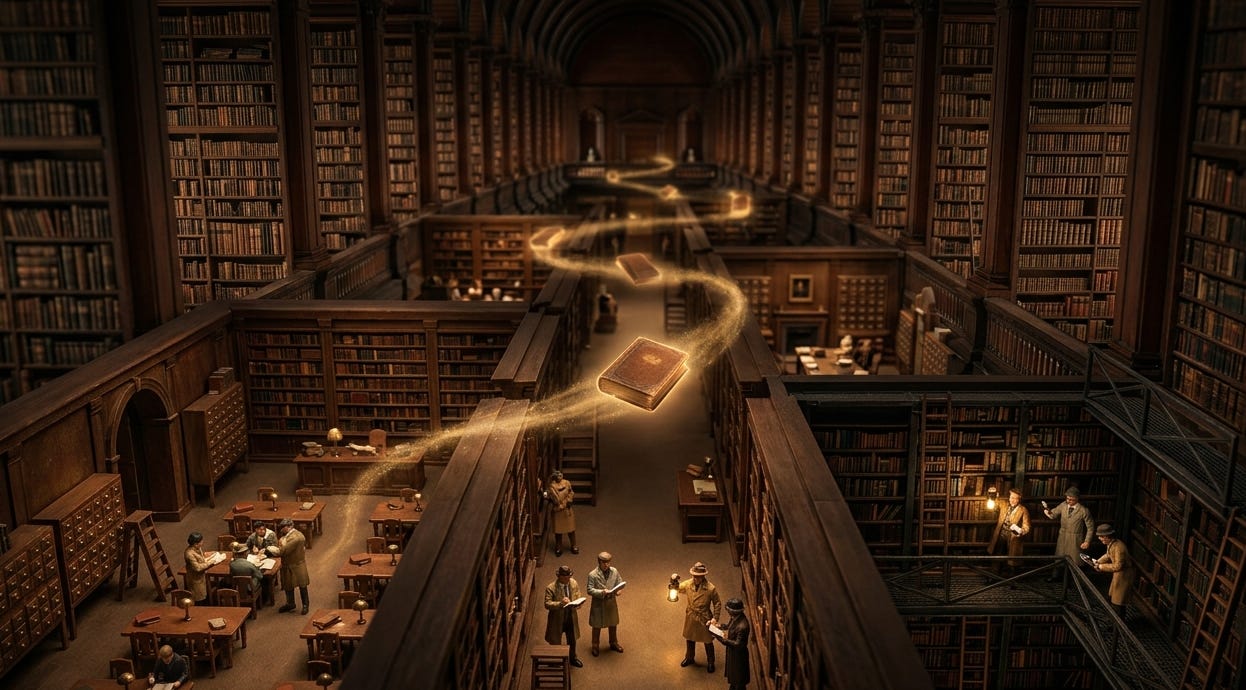 Miniature figures in a vast, dark library follow a winding trail of glowing books. Miniature figures in a vast, dark library follow a winding trail of glowing books.