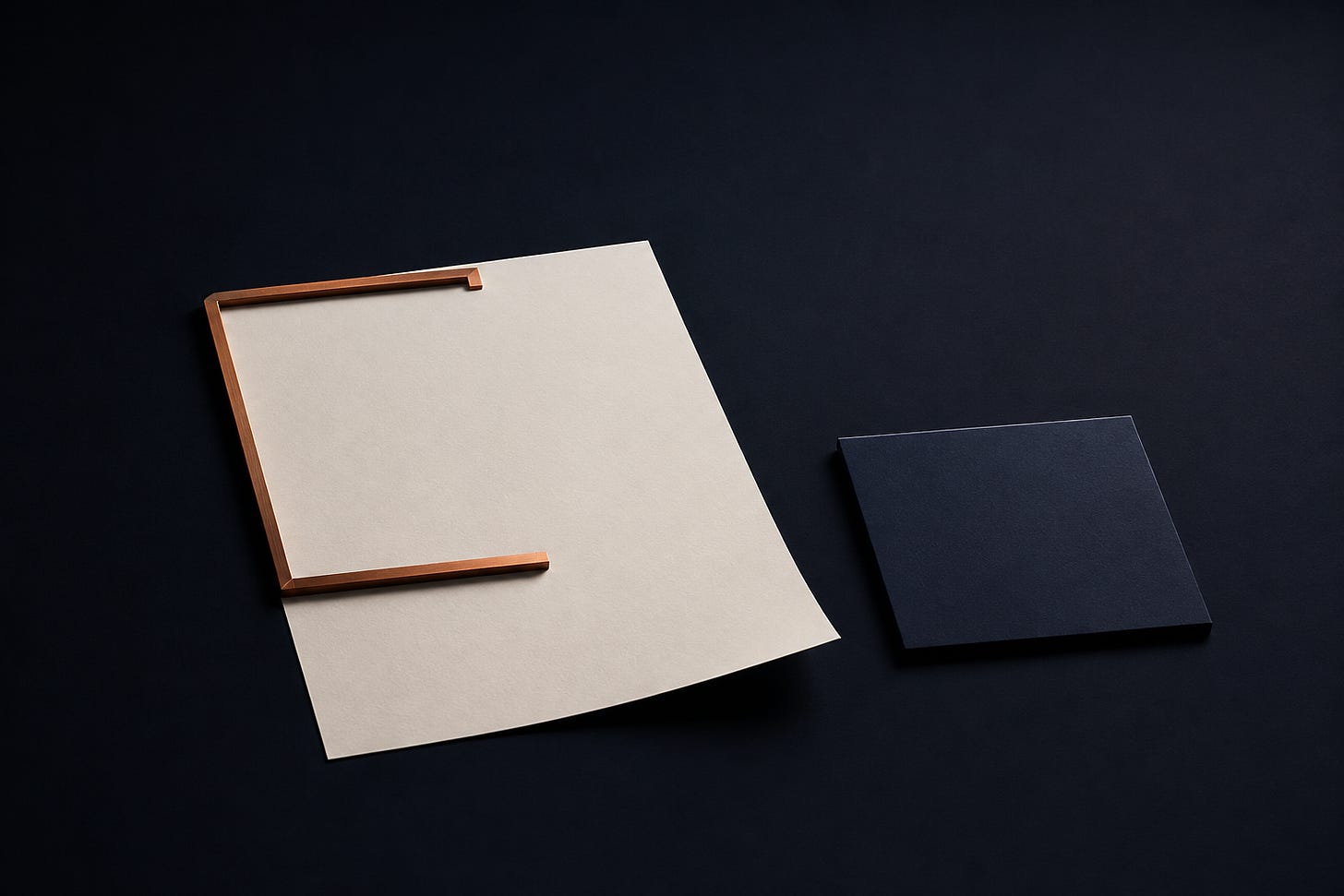 An editorial illustration of an open copper bracket on a blank cream sheet beside a separate navy note card.