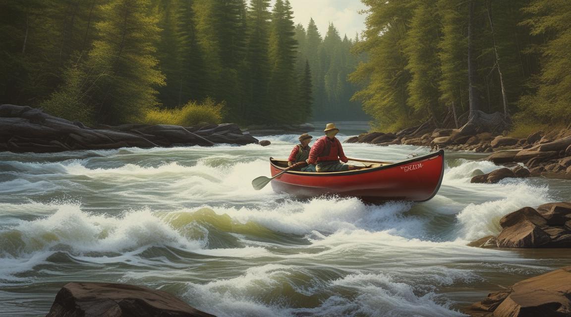 Canoe on whitewater, captain holding oars to be able to steer clear of upcoming rocks