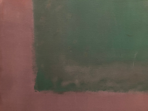 three views of the green and purple Rothko painting, shown whole, in its room with a bench, and in detail.