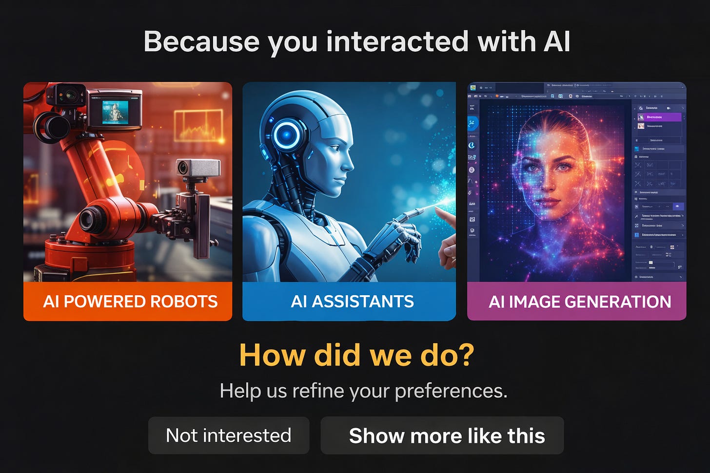 A user interface showing Netflix content recommendations with "not interested" and "show more" feedback buttons. A user interface showing Netflix content recommendations with "not interested" and "show more" feedback buttons.