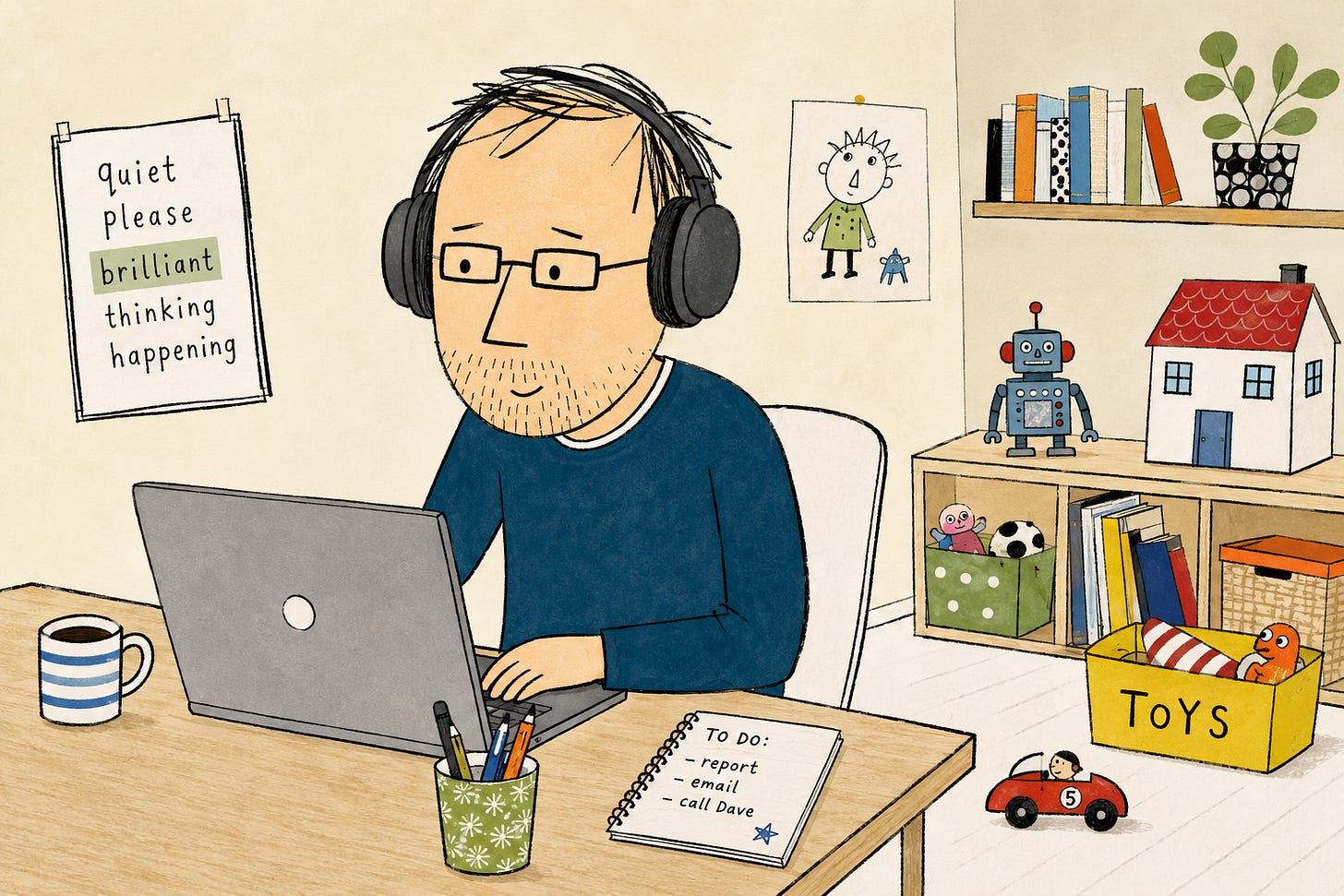 A dad wearing noise-cancelling headphones at a desk in a home office corner, with kids’ toys visible in the background A dad wearing noise-cancelling headphones at a desk in a home office corner, with kids’ toys visible in the background