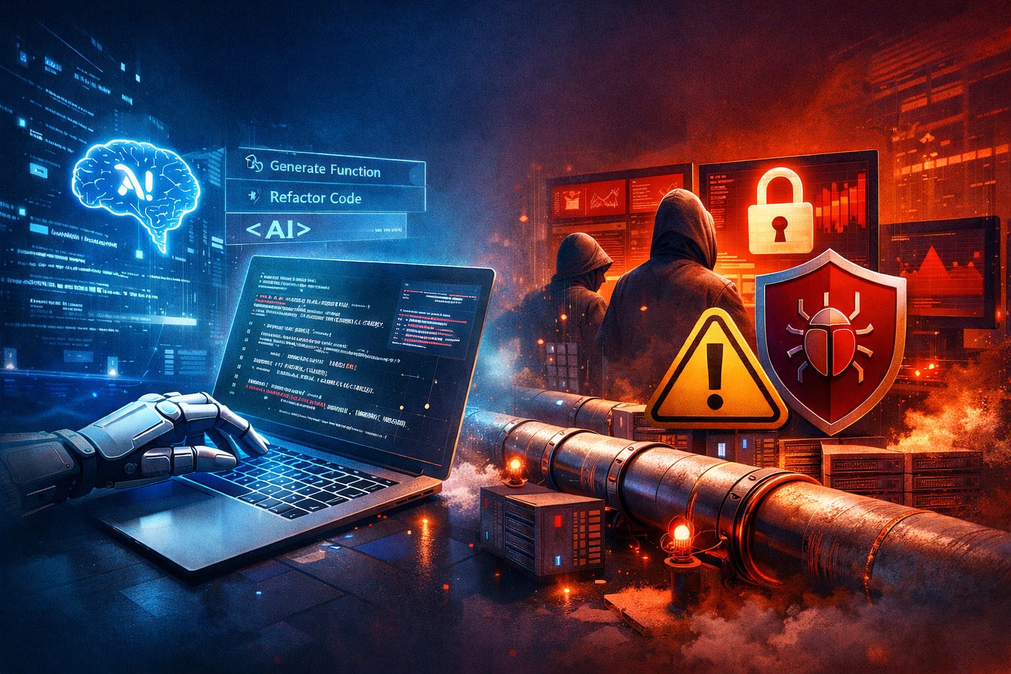 AI coding automation and developer pipeline security concept showing AI-assisted coding and cybersecurity risks in DevOps infrastructure