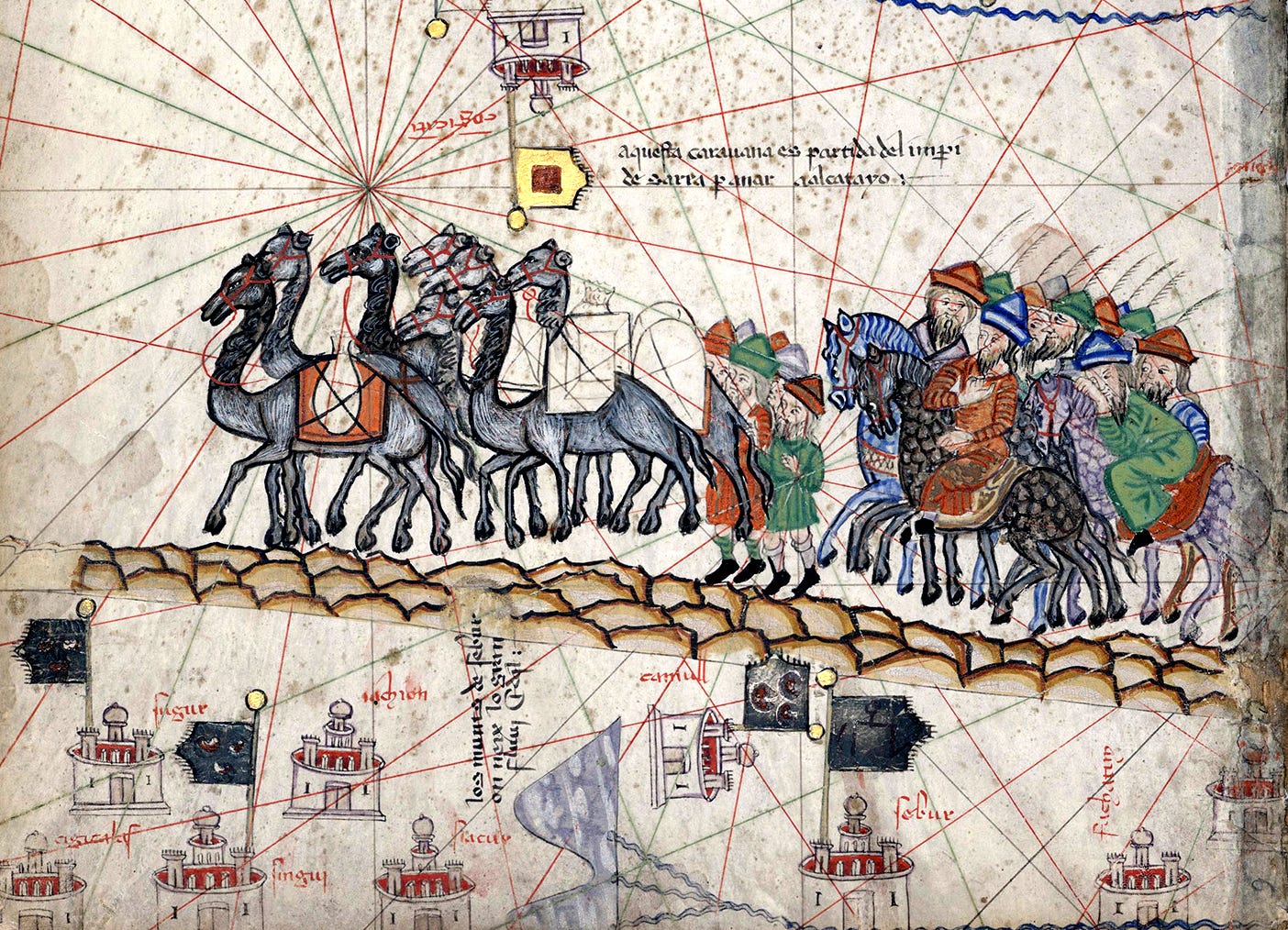 Marco Polo's caravan on the Silk Road, Catalan Atlas, 1375 Marco Polo's caravan on the Silk Road, Catalan Atlas, 1375