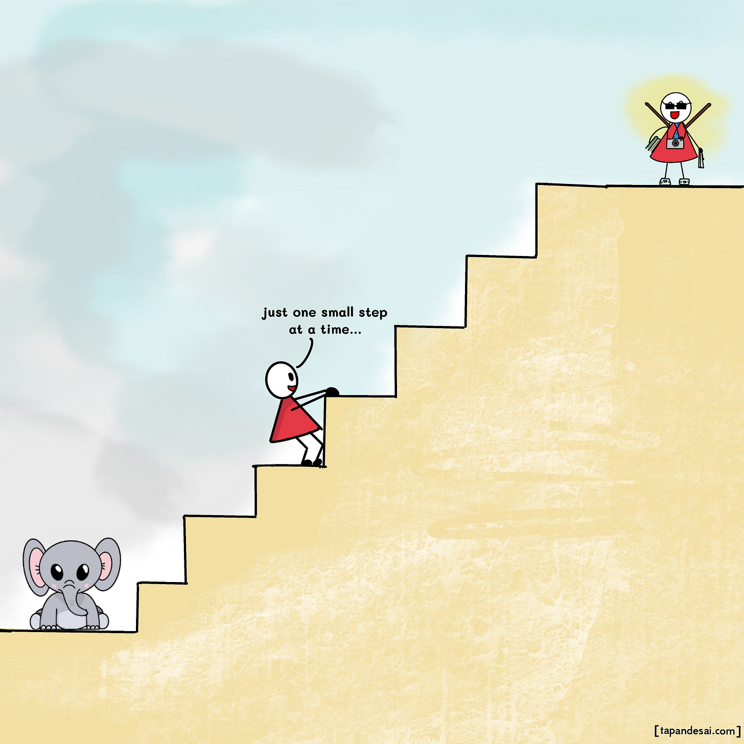 Raj climbs a staircase away from the Misery Elephant, saying 'just one small step at a time,' moving toward his ideal self — a motivational metaphor for overcoming the weight of desire and bridging the self-discrepancy gap through consistent action.
