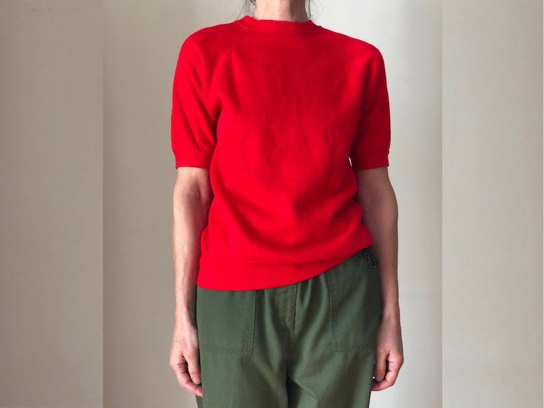 1970s vintage cherry red short sleeve crewneck sweatshirt 70s raglan sleeve made in USA M image 1