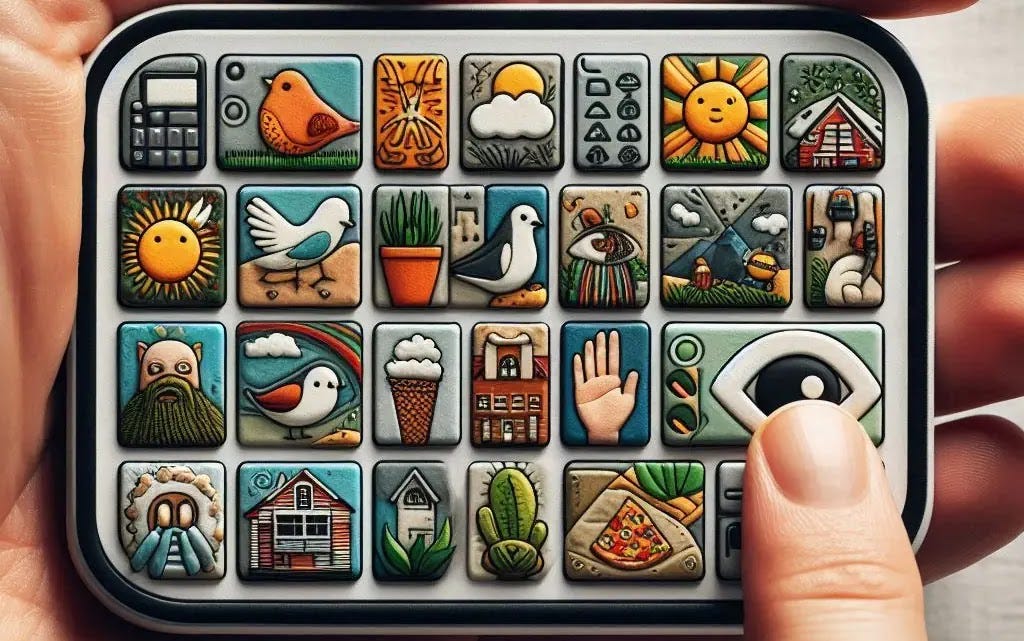 A close-up shows a hand holding an AAC device with various pictures and symbols.