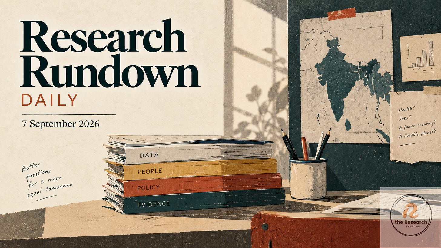 Research Rundown DAILY cover for 7 September 2026, styled as a textured editorial research desk with reports, field notes, charts and a map of South Asia in muted teal, rust and ochre.