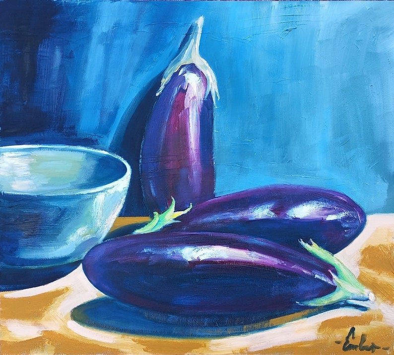 May include: Three purple eggplants on a yellow surface with a blue background. The eggplants are arranged in a semi-circle with the largest eggplant in the back and the two smaller eggplants in the front. The eggplants are painted in a realistic style with highlights and shadows. The background is a bright blue color with a textured surface. The surface is a light yellow color with a smooth surface.