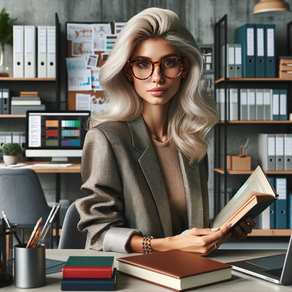 A trendy, organized researcher with platinum blonde hair and tortoise shell glasses. The person is sitting at a modern, tidy desk with neatly arranged books, notes, and a laptop. The background features shelves full of color-coded binders, books, and organized files. The researcher has a focused expression, holding a book and making notes. The room is well-lit with natural light from a window, creating a calm and conducive atmosphere for study. Additional details include a bulletin board with neatly pinned notes and a whiteboard with clearly written ideas and diagrams. The overall setting is modern and stylish, with the researcher wearing fashionable clothing.
