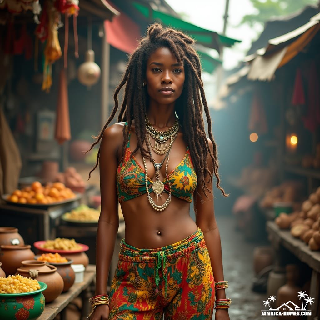 A laid-back Jamaican woman, adorned in colorful, eclectic clothing and dreadlocks, stands amidst a vibrant market scene, surrounded by jerk cuisine, traditional Dutch pots, and reggae symbols, exuding a sense of unity and resistance, as if captured in a cinematic film still, reminiscent of the iconic works of Roger Deakins, Emmanuel Lubezki, and Janusz Kaminski, with a warm, golden color palette, subtle film grain,