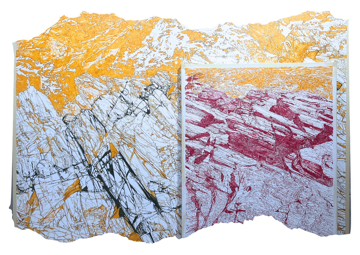 Two large, abstract artworks divided into panels. The left artwork features bright yellow and white tones with intricate textures, while the right artwork has layers of red and white, suggesting dynamic movement.