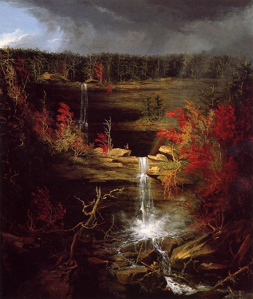 A two tier waterfall in an autumn gorge with a small Native American figure on a ledge A two tier waterfall in an autumn gorge with a small Native American figure on a ledge