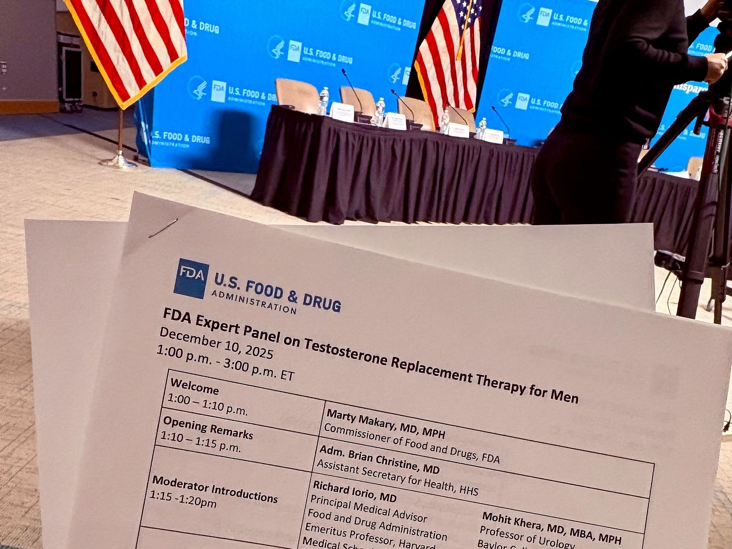 Printed agenda for the FDA Expert Panel on Testosterone Replacement Therapy for Men, December 10, 2025, on a press table.