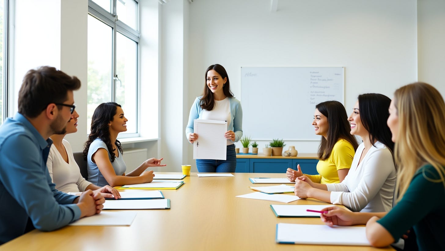 A realistic photo of a modern meeting in a bright office. Four to six teachers or professionals sit around a wooden table with papers and notebooks, engaged in a positive and focused discussion. A female facilitator stands confidently at the front with an agenda in hand, while a clock and whiteboard with bullet points are visible in the background. The atmosphere feels light, collaborative, and efficient — showing a productive and refreshing meeting rather than a stressful one.