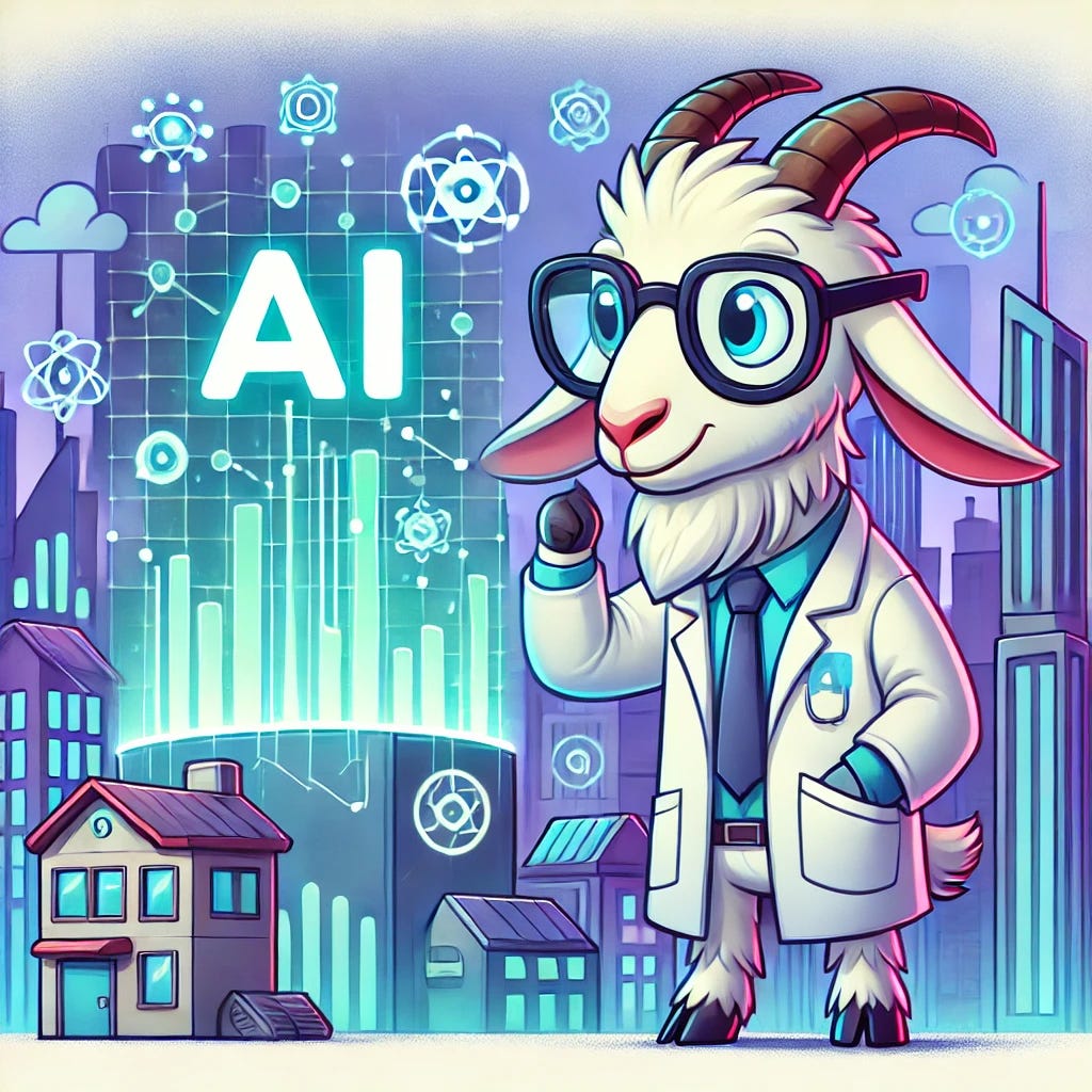 A cartoon-style illustration of a futuristic city with AI technology and glowing data streams. A funny mountain goat wearing glasses and a lab coat is examining a holographic display, symbolizing innovation and intelligence.