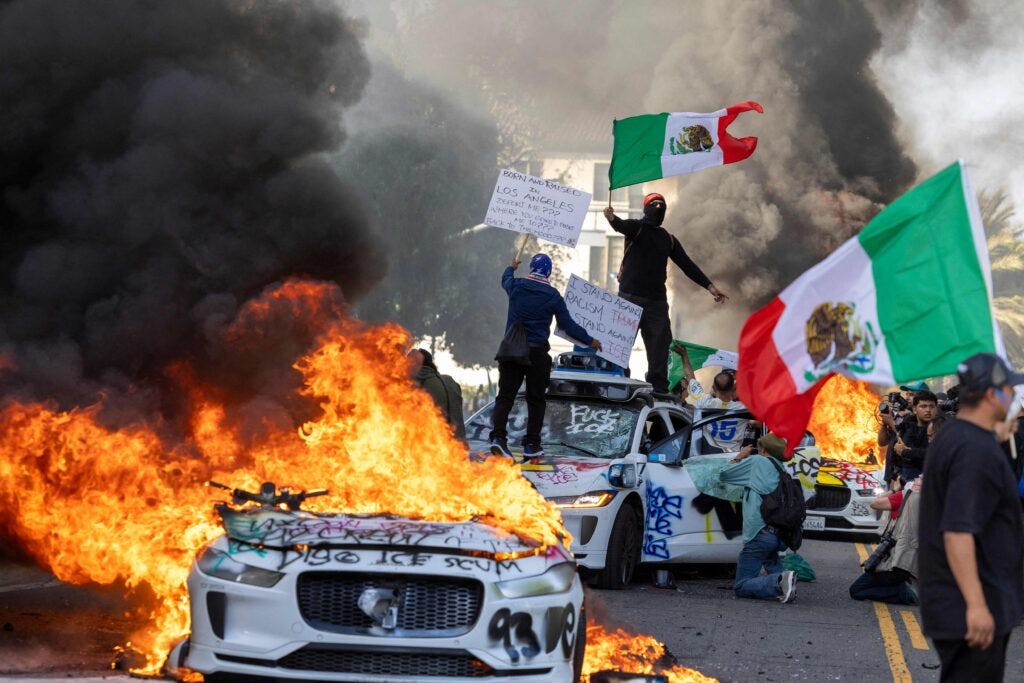 White House Calls Newsom “Weak” As Violent Protesters Torch Police Cars ...