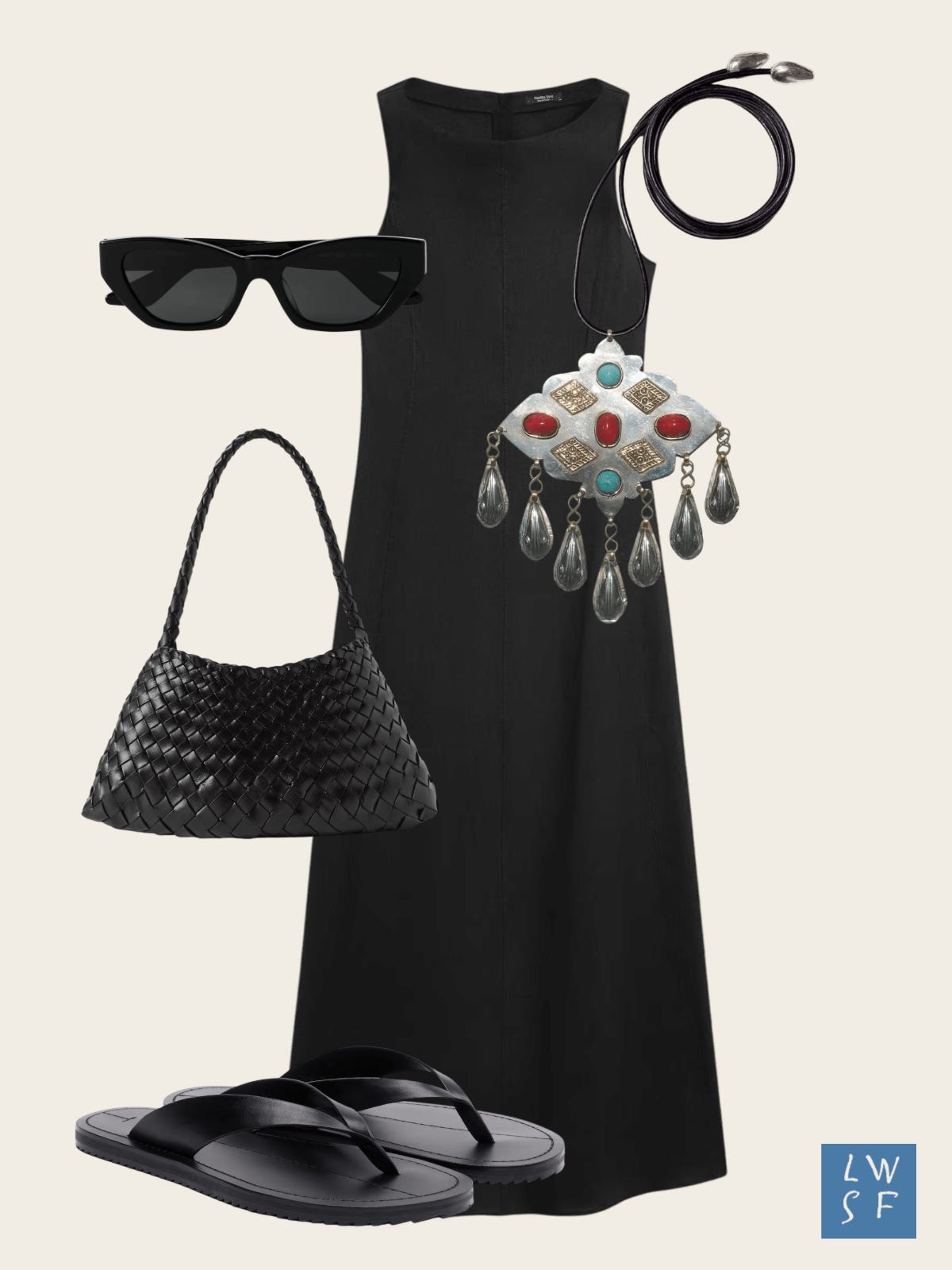 Summer outfit idea: black sleeveless linen midi dress, amulet pendant necklace on black cord with turquoise and red coral stones, black woven leather shoulder bag, black rectangle sunglasses, black leather flip flop sandals