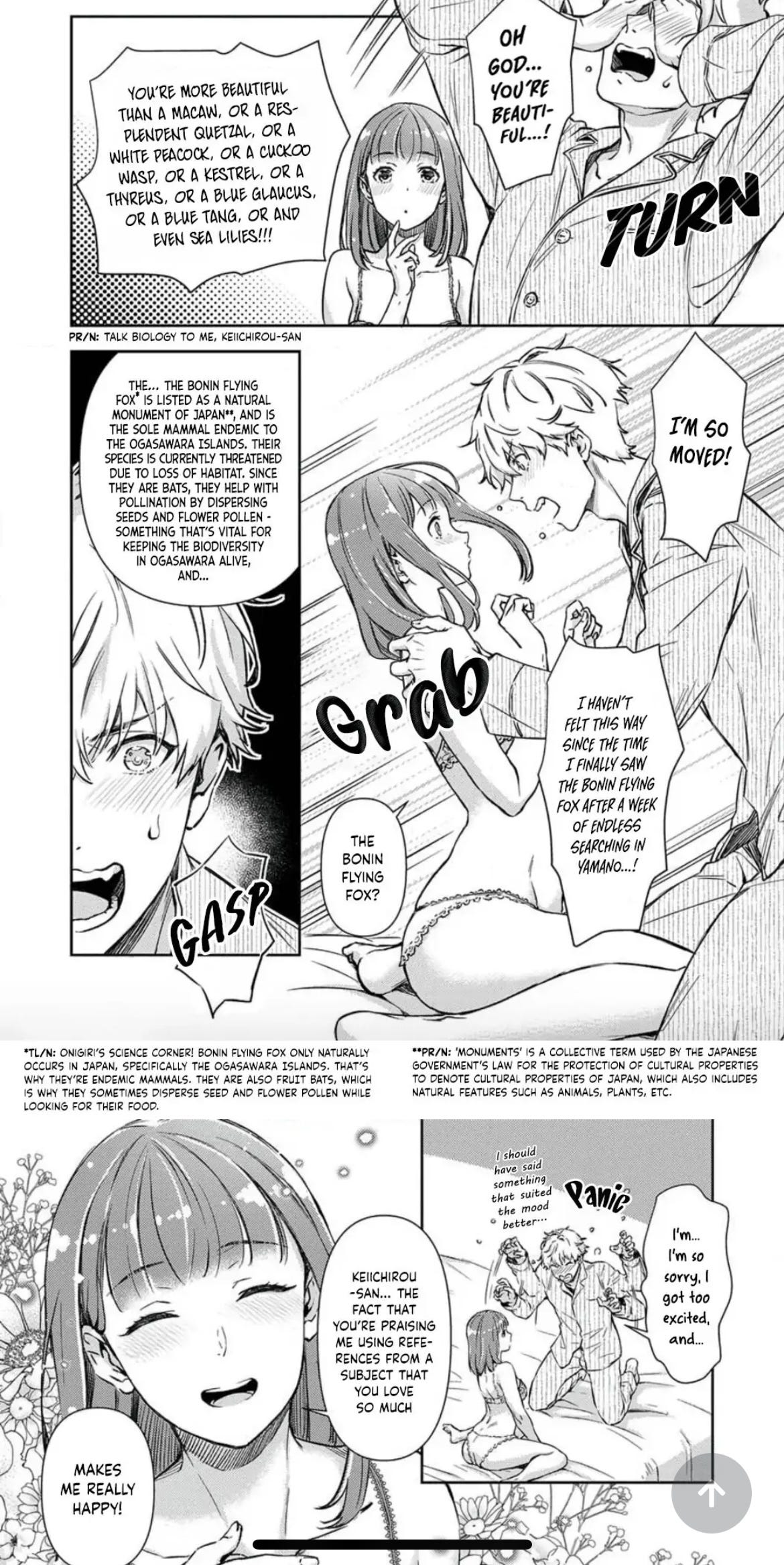 Panels of Shojo Kon ~Kohinata Fuufu wa Shite Mitai~ where Keiichirou compares seeing Kurumi in lingerie to how he felt when he saw the bonin flying fox