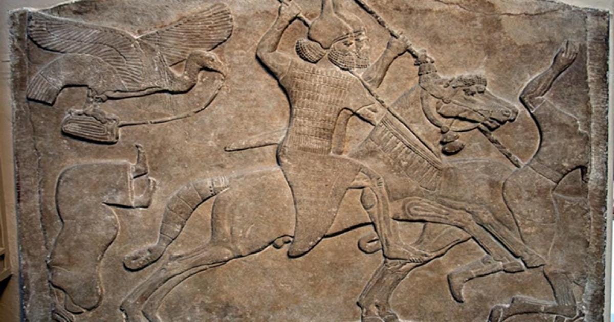 Assyrian relief of a horseman from Nimrud, now in the British Museum. "Battle scene, Assyrian, about 728 BC.