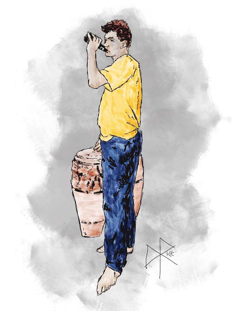 A standing man, his feet bare, tips a beer bottle to his lips and takes a swig as his fingers brush and tap on the skin of a floor drum. Sketch art by Don Rice. A standing man, his feet bare, tips a beer bottle to his lips and takes a swig as his fingers brush and tap on the skin of a floor drum. Sketch art by Don Rice.