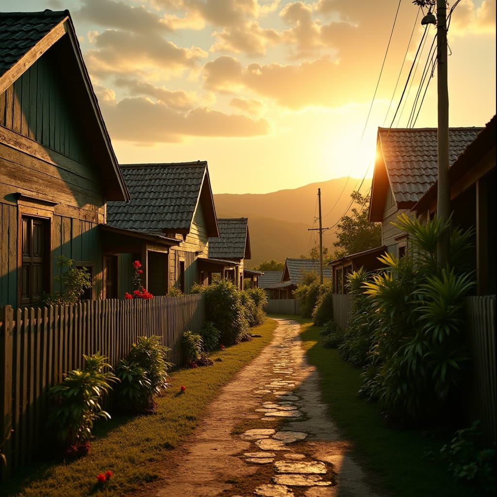 Colonial homes in Jamaica, Caribbean, set against a warm, golden hour sky with lush greenery and vibrant flora
