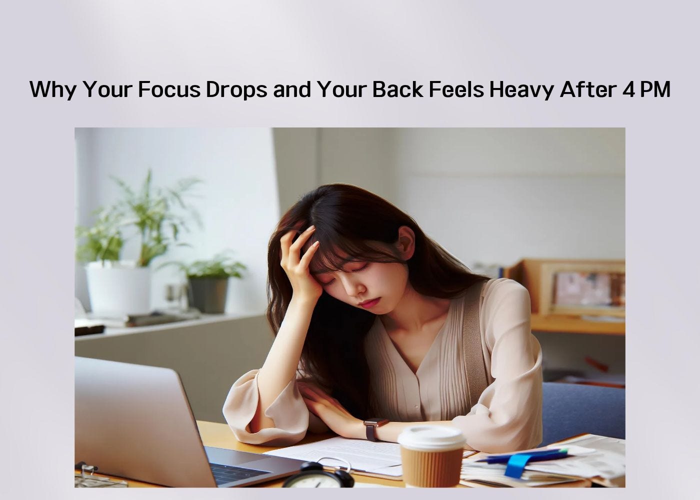 A tired woman at her desk feeling low focus and back heaviness after 4 PM A tired woman at her desk feeling low focus and back heaviness after 4 PM